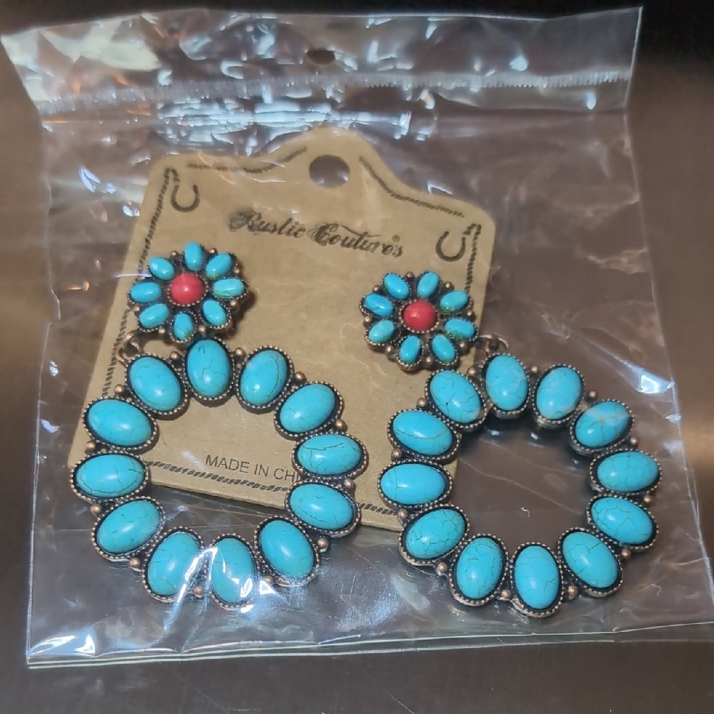 Turquoise and Red Earrings/ Rustic couture/ western/ boho